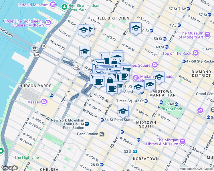 map of restaurants, bars, coffee shops, grocery stores, and more near 625 8th Avenue in New York