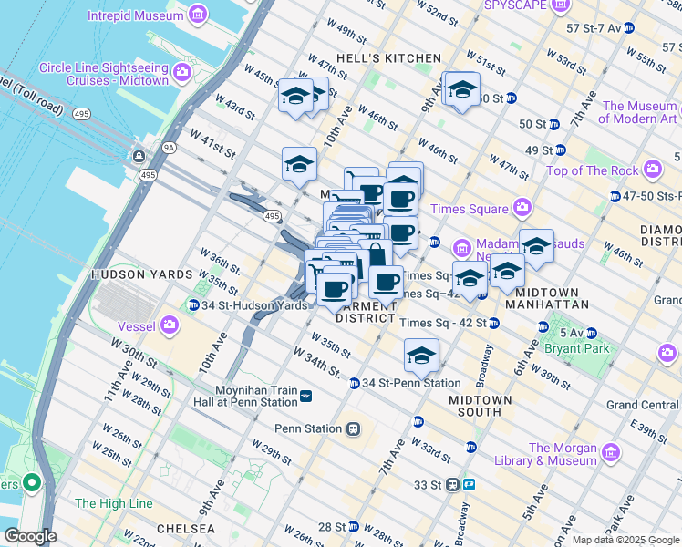map of restaurants, bars, coffee shops, grocery stores, and more near 510 9th Avenue in New York