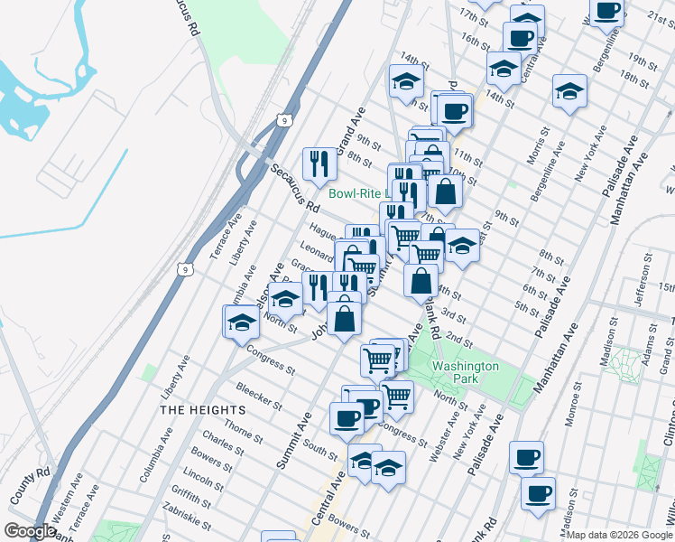 map of restaurants, bars, coffee shops, grocery stores, and more near 96 Leonard Street in Jersey City