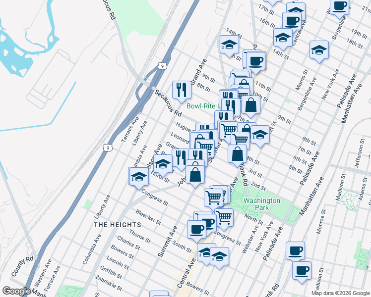 map of restaurants, bars, coffee shops, grocery stores, and more near 96 Leonard Street in Jersey City