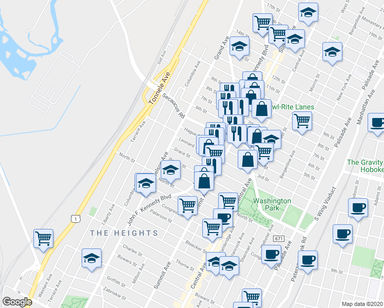 map of restaurants, bars, coffee shops, grocery stores, and more near 136 Grace Street in Jersey City