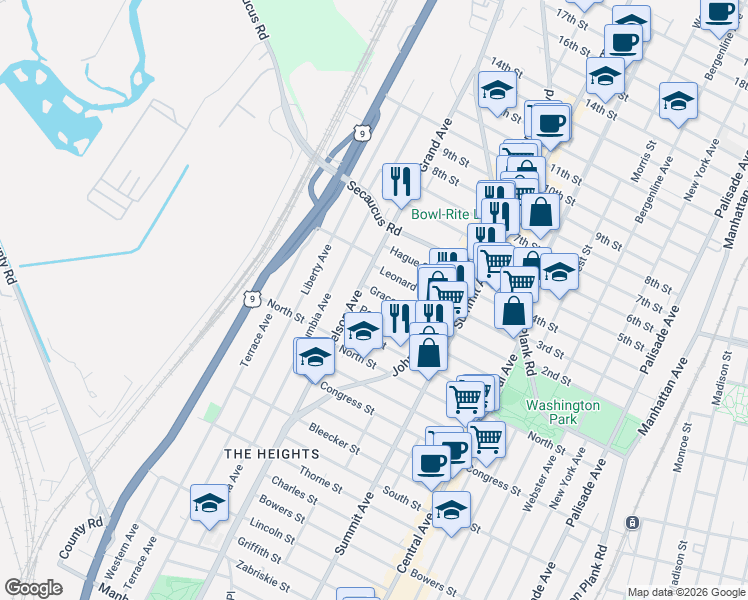 map of restaurants, bars, coffee shops, grocery stores, and more near 136 Grace Street in Jersey City