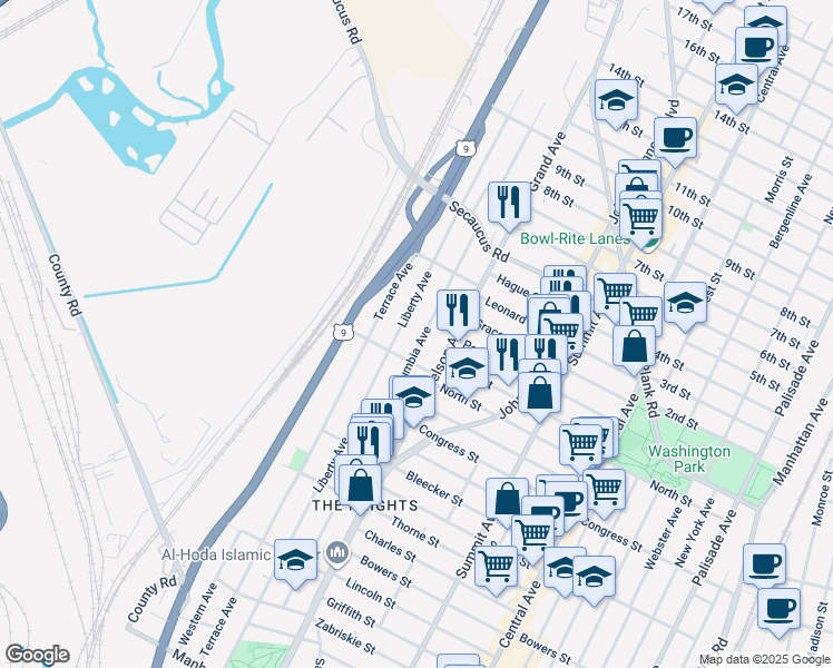 map of restaurants, bars, coffee shops, grocery stores, and more near 580 Liberty Avenue in Jersey City