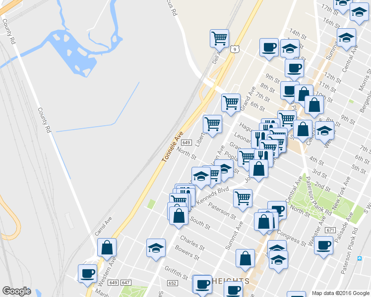 map of restaurants, bars, coffee shops, grocery stores, and more near 300 County Road 649 in Jersey City