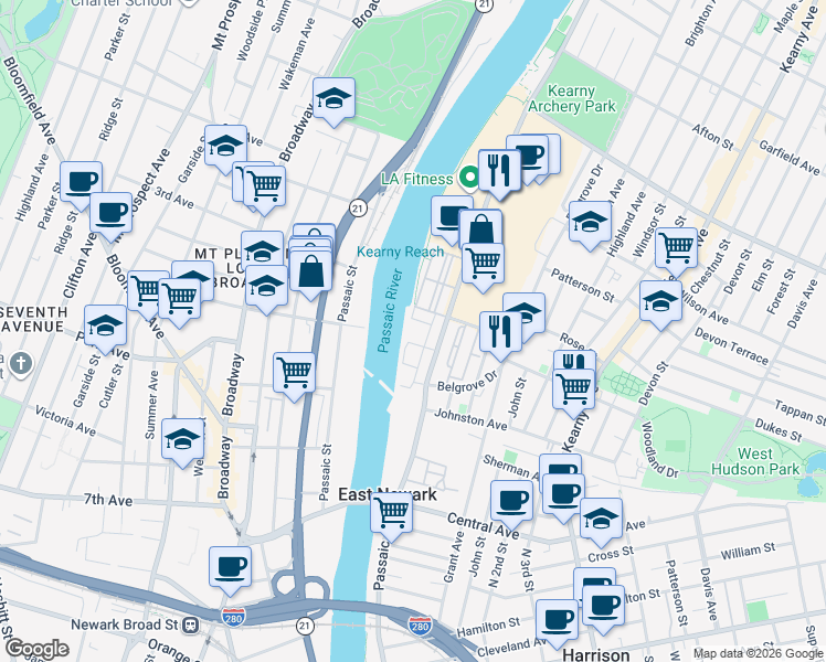 map of restaurants, bars, coffee shops, grocery stores, and more near 65 Passaic Avenue in Kearny