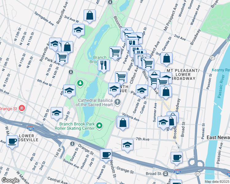 map of restaurants, bars, coffee shops, grocery stores, and more near in Newark