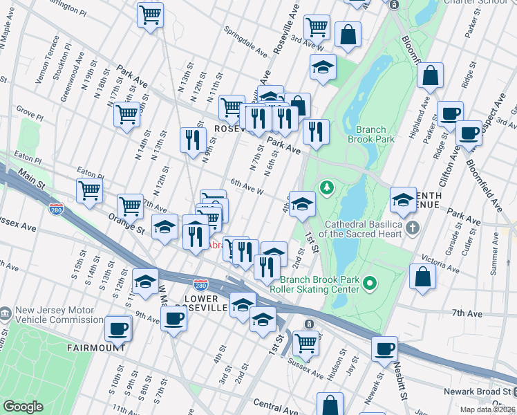 map of restaurants, bars, coffee shops, grocery stores, and more near 228 North 6th Street in Newark