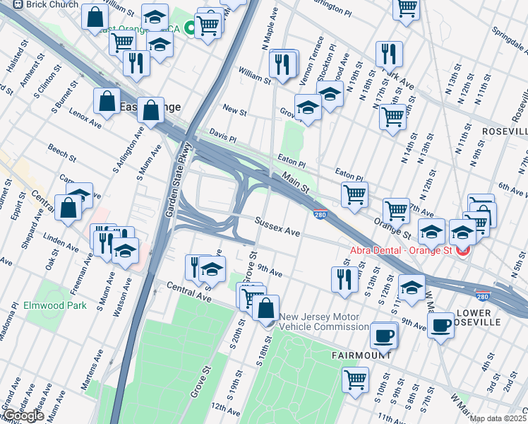 map of restaurants, bars, coffee shops, grocery stores, and more near 10 South Grove Street in East Orange