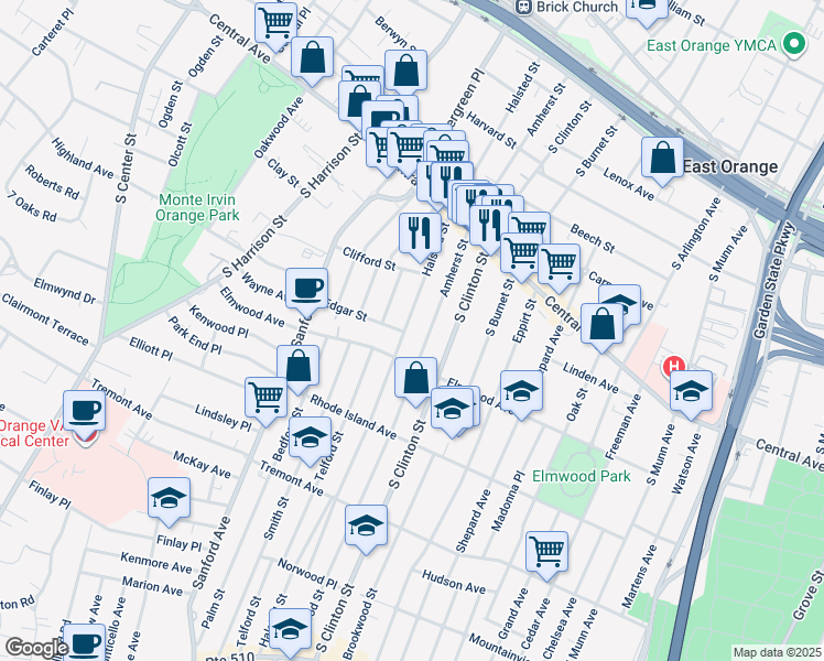 map of restaurants, bars, coffee shops, grocery stores, and more near 259 Amherst Street in East Orange