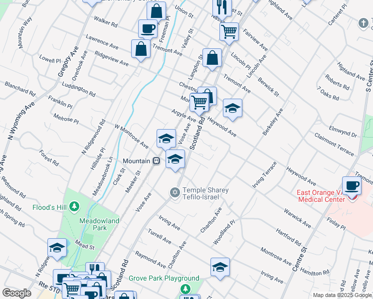 map of restaurants, bars, coffee shops, grocery stores, and more near 65 Randolph Place in West Orange