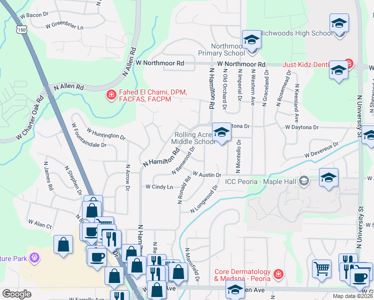 map of restaurants, bars, coffee shops, grocery stores, and more near 5641 North Renwood Avenue in Peoria