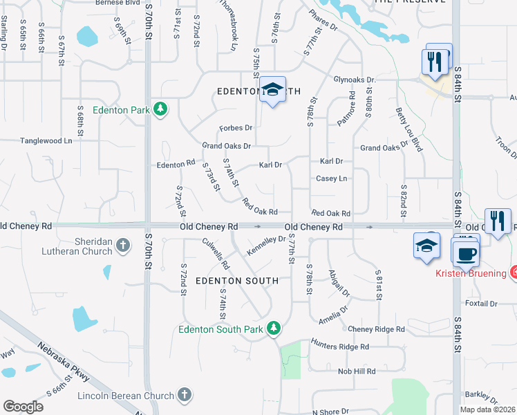 map of restaurants, bars, coffee shops, grocery stores, and more near 7543 Red Oak Court in Lincoln