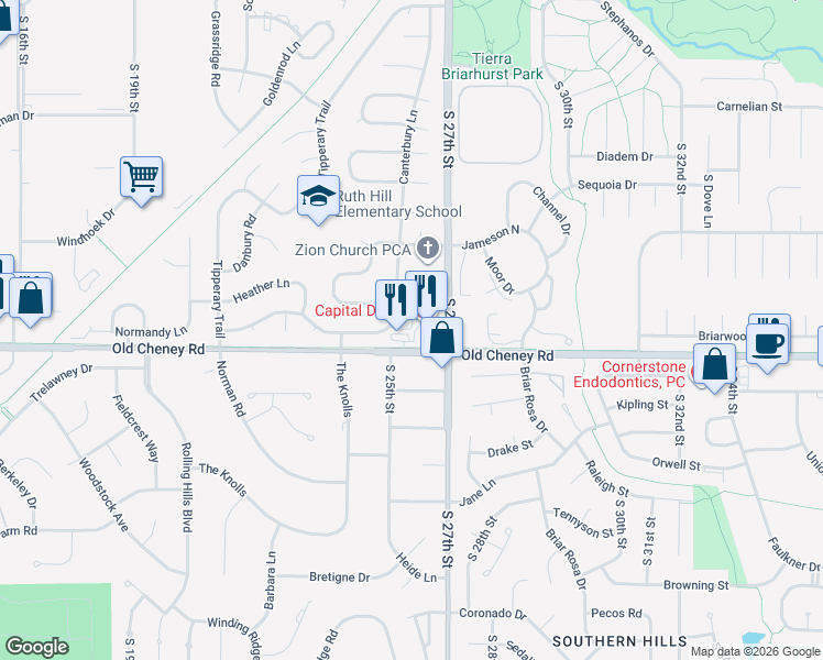 map of restaurants, bars, coffee shops, grocery stores, and more near 5601 South 27th Street in Lincoln