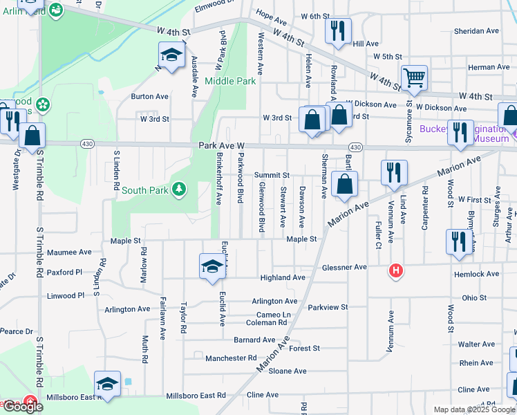 map of restaurants, bars, coffee shops, grocery stores, and more near 100 Glenwood Boulevard in Mansfield