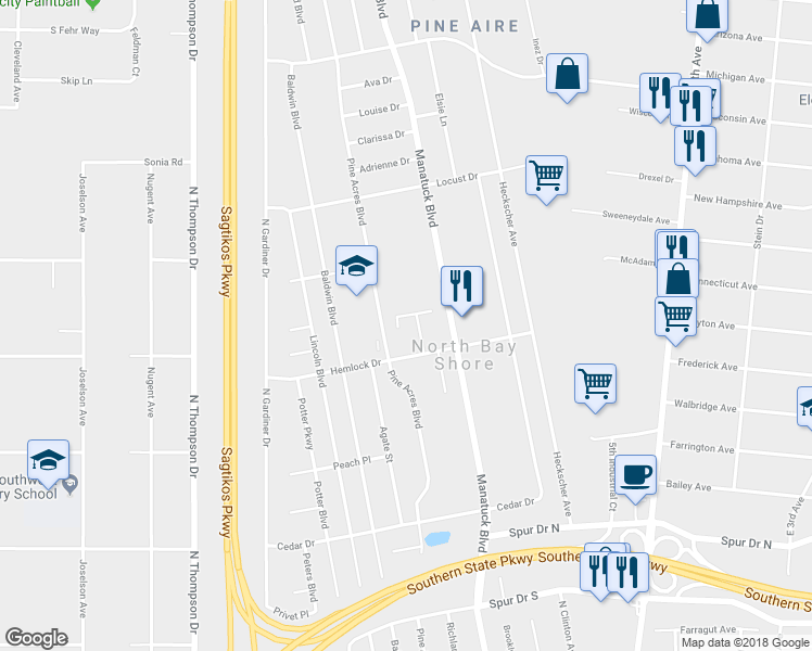 map of restaurants, bars, coffee shops, grocery stores, and more near 9-33 Hemlock Drive in Bay Shore