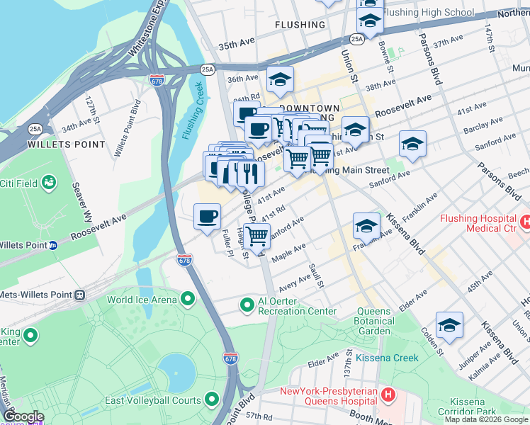 map of restaurants, bars, coffee shops, grocery stores, and more near in Queens