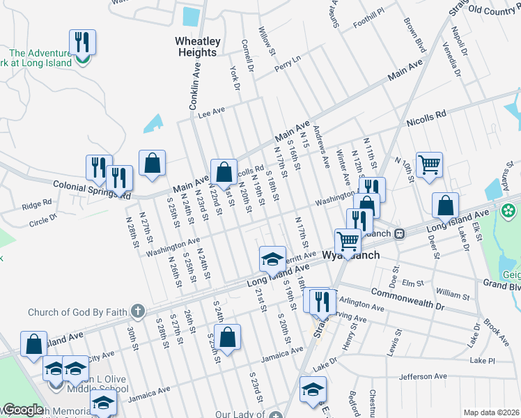 map of restaurants, bars, coffee shops, grocery stores, and more near 96 North 19th Street in Wyandanch