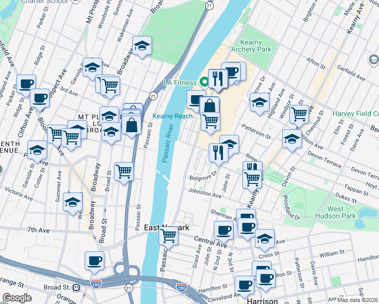 map of restaurants, bars, coffee shops, grocery stores, and more near 65 Passaic Avenue in Kearny