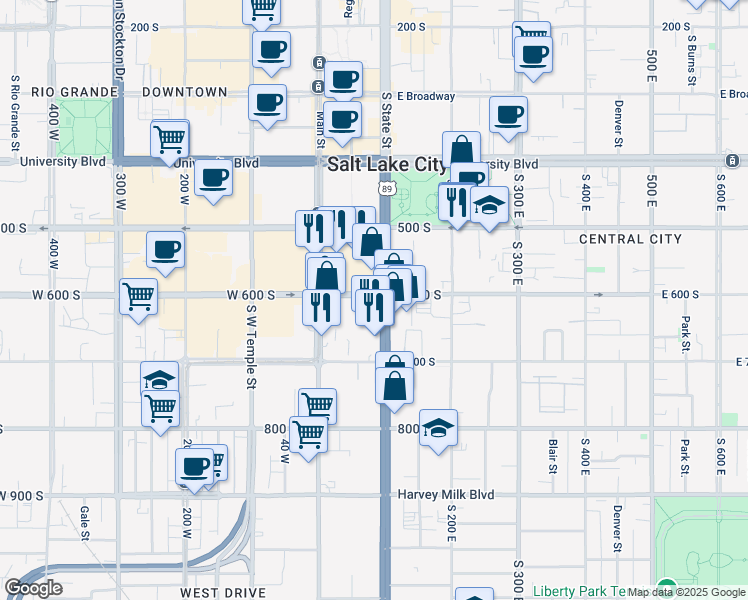 map of restaurants, bars, coffee shops, grocery stores, and more near 575 State Street in Salt Lake City