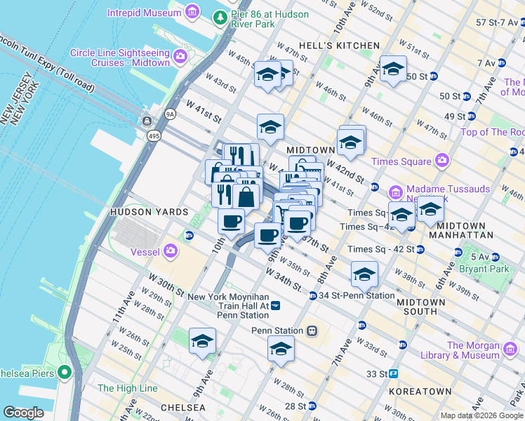 map of restaurants, bars, coffee shops, grocery stores, and more near 431 West 37th Street in New York