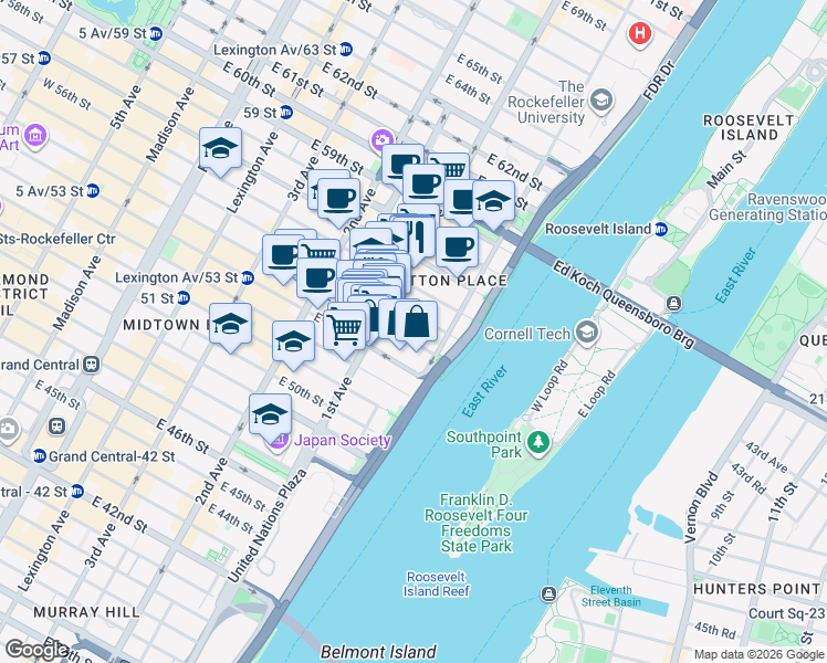 map of restaurants, bars, coffee shops, grocery stores, and more near 415 East 54th Street in New York