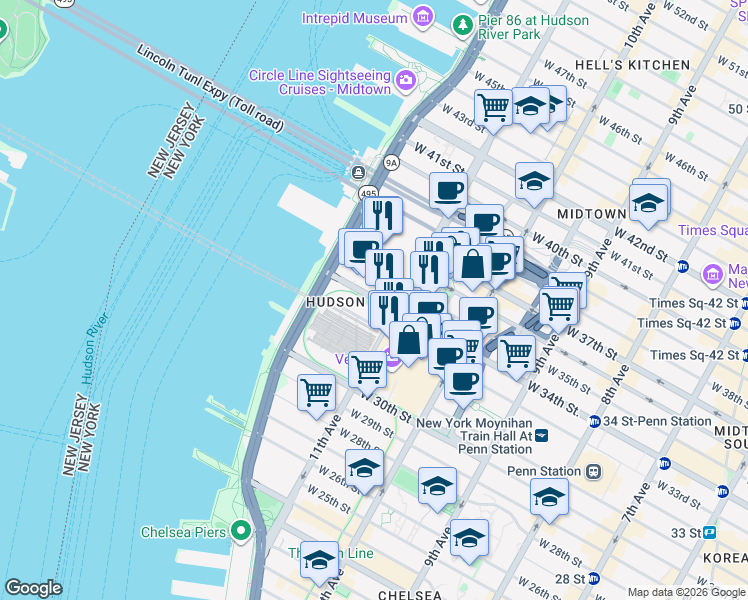 map of restaurants, bars, coffee shops, grocery stores, and more near 650 West 34th Street in New York