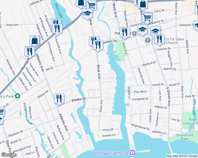 map of restaurants, bars, coffee shops, grocery stores, and more near 234 River Avenue in Patchogue
