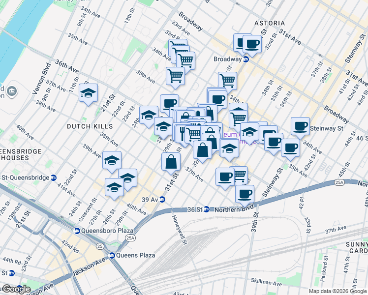 map of restaurants, bars, coffee shops, grocery stores, and more near in Queens
