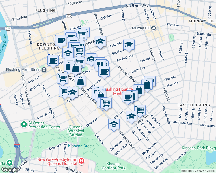 map of restaurants, bars, coffee shops, grocery stores, and more near 42-40 Bowne Street in Queens