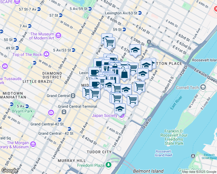 map of restaurants, bars, coffee shops, grocery stores, and more near 206 East 52nd Street in New York