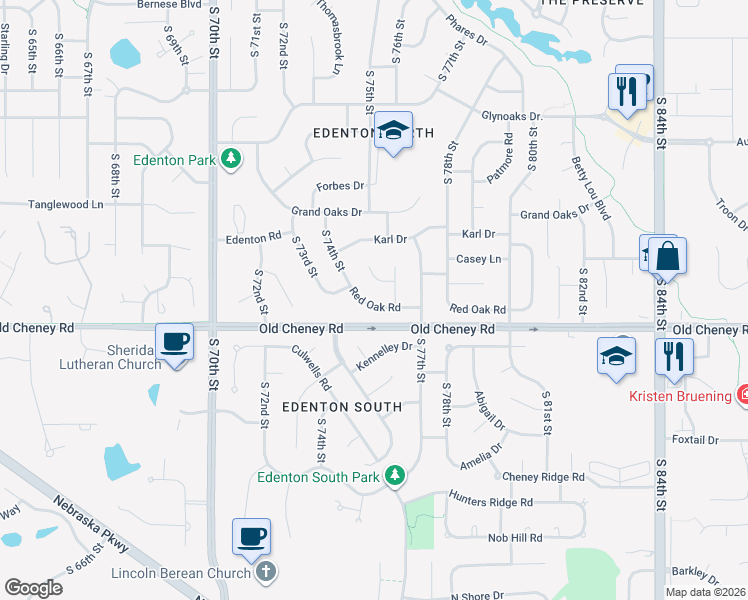 map of restaurants, bars, coffee shops, grocery stores, and more near 7543 Red Oak Court in Lincoln