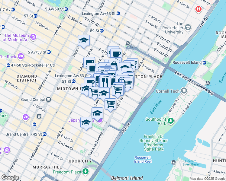 map of restaurants, bars, coffee shops, grocery stores, and more near 326 East 53rd Street in New York
