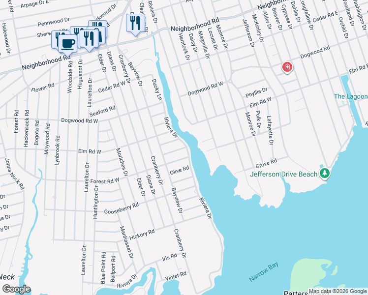 map of restaurants, bars, coffee shops, grocery stores, and more near 2 Maple Road West in Mastic Beach