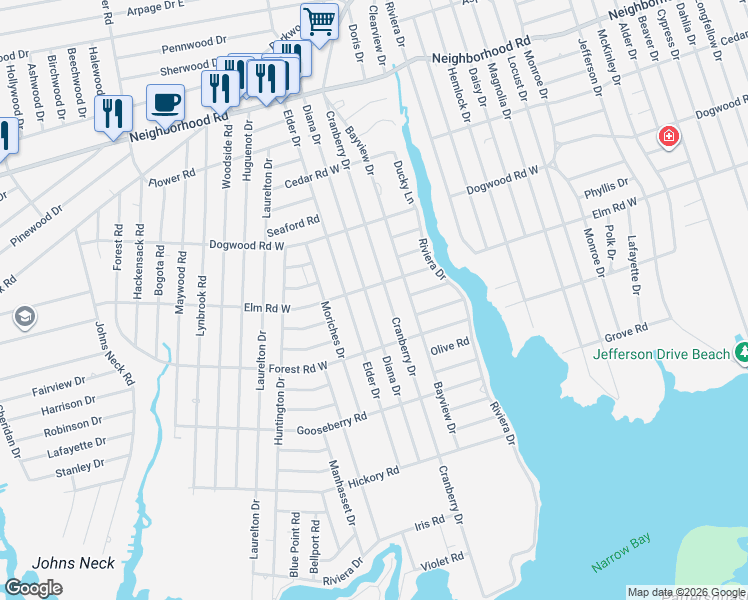 map of restaurants, bars, coffee shops, grocery stores, and more near 130 Cranberry Drive in Mastic Beach