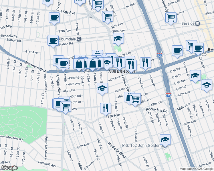 map of restaurants, bars, coffee shops, grocery stores, and more near 196-14 44th Avenue in Queens