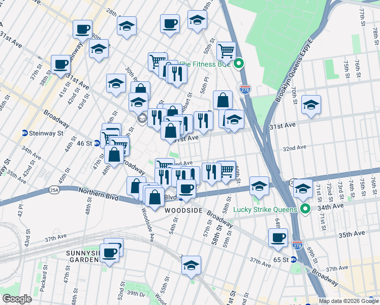 map of restaurants, bars, coffee shops, grocery stores, and more near 31-18 55th Street in Queens
