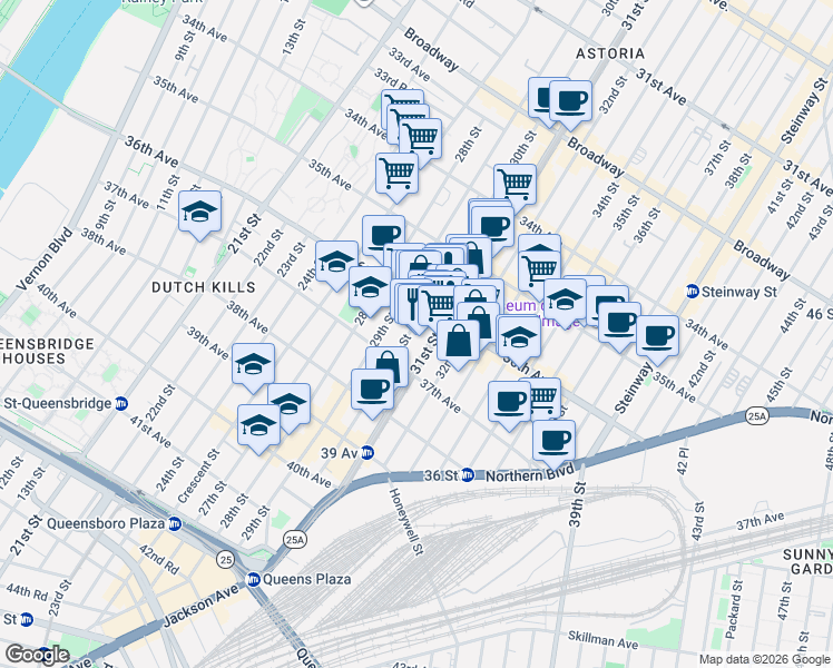 map of restaurants, bars, coffee shops, grocery stores, and more near in Queens
