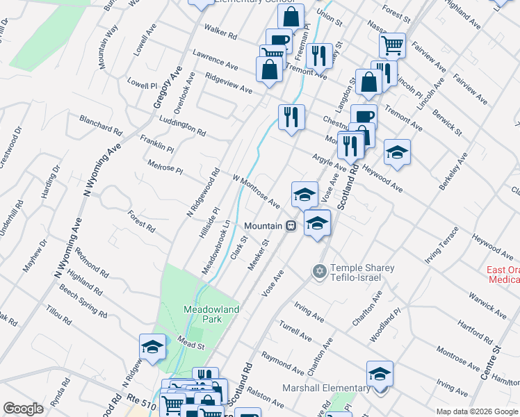 map of restaurants, bars, coffee shops, grocery stores, and more near 71 West Montrose Avenue in South Orange