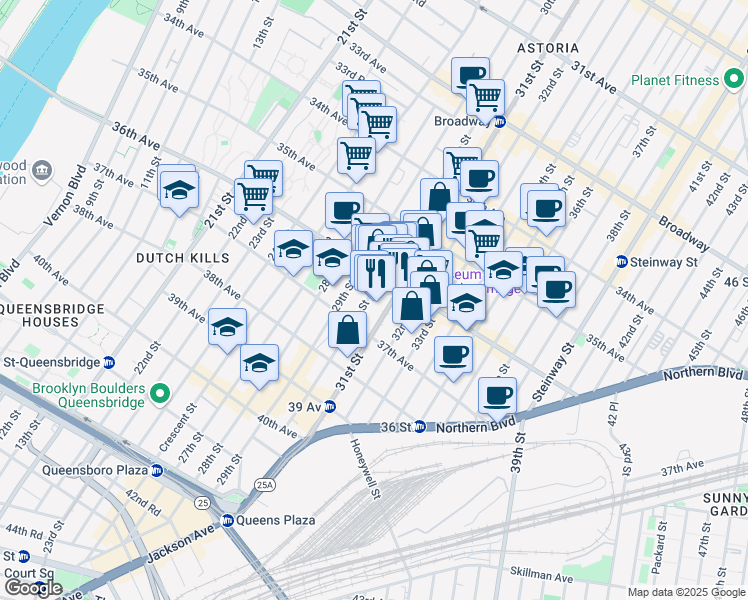 map of restaurants, bars, coffee shops, grocery stores, and more near 36-27 30th Street in Queens