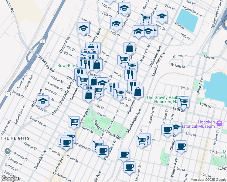 map of restaurants, bars, coffee shops, grocery stores, and more near 613 Bergenline Avenue in Union City