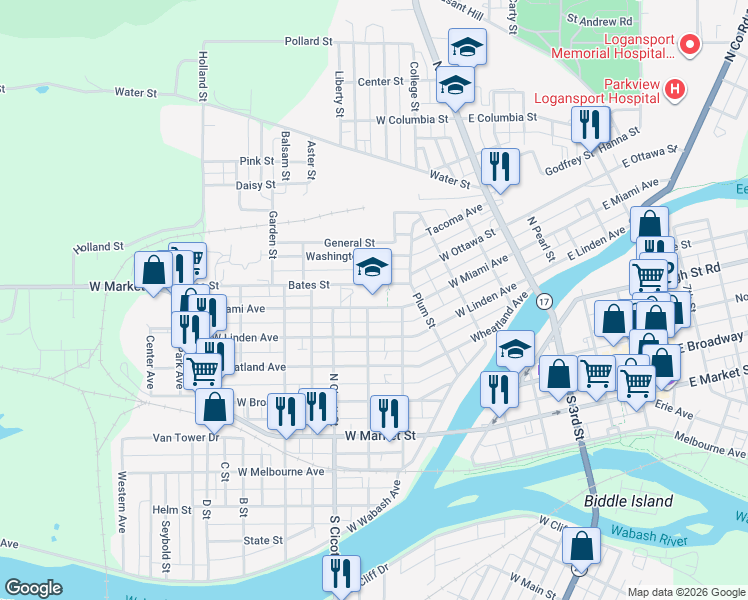 map of restaurants, bars, coffee shops, grocery stores, and more near 410 West Miami Avenue in Logansport
