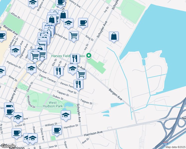 map of restaurants, bars, coffee shops, grocery stores, and more near 325 Bergen Avenue in Kearny