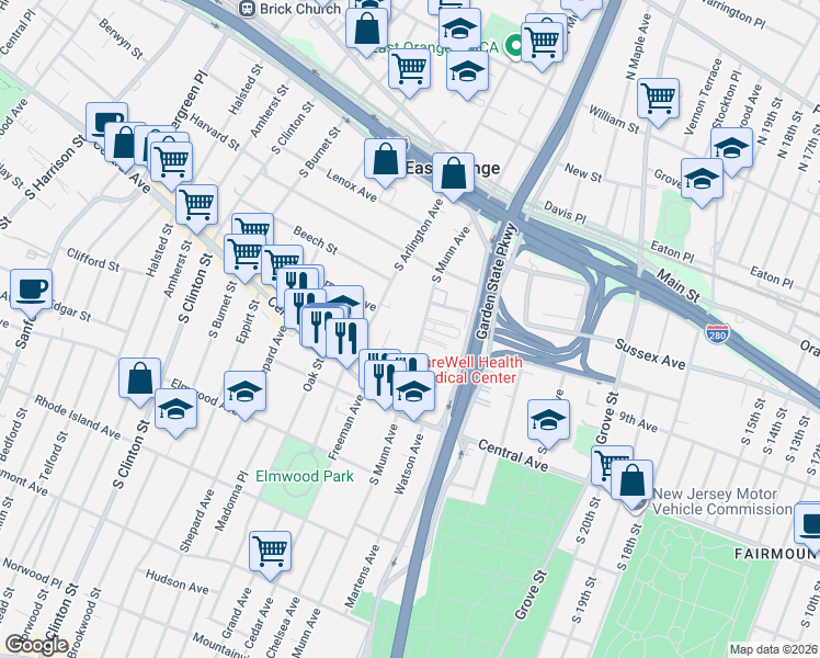 map of restaurants, bars, coffee shops, grocery stores, and more near 55-57 South Munn Avenue in East Orange