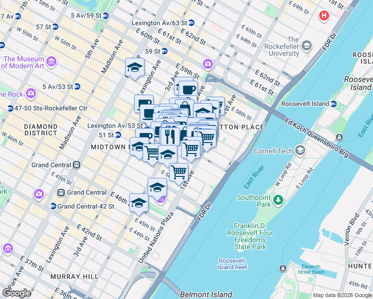 map of restaurants, bars, coffee shops, grocery stores, and more near 313 East 53rd Street in New York