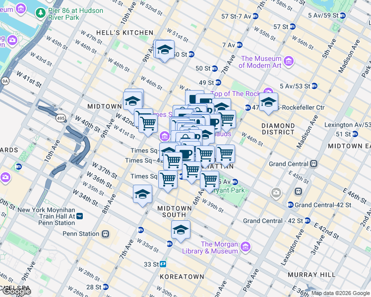 map of restaurants, bars, coffee shops, grocery stores, and more near 1475 Broadway in New York