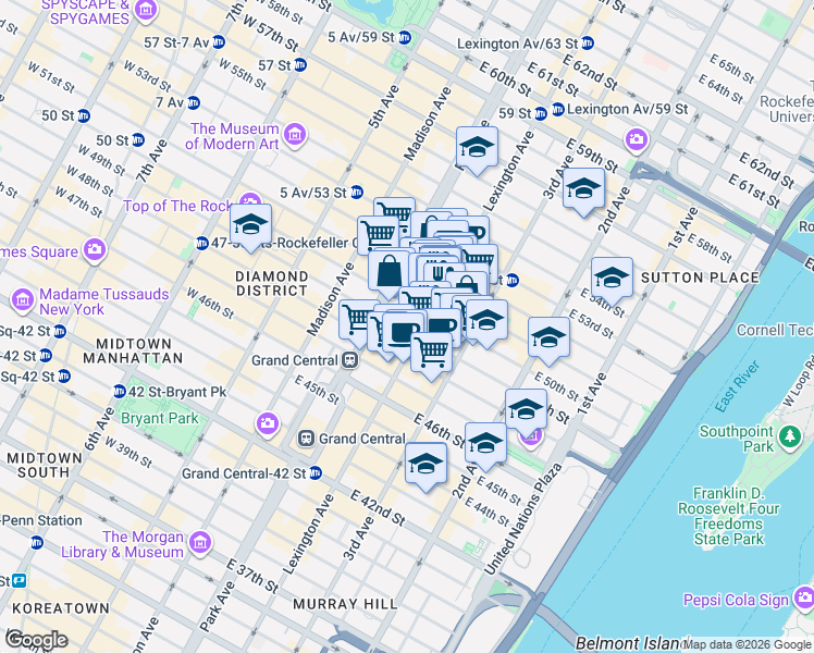 map of restaurants, bars, coffee shops, grocery stores, and more near 107 East 49th Street in New York