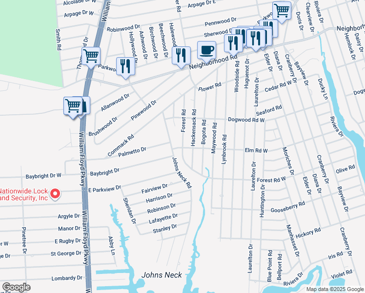 map of restaurants, bars, coffee shops, grocery stores, and more near 275 Forest Road in Mastic Beach