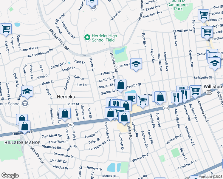 map of restaurants, bars, coffee shops, grocery stores, and more near 43 Quaker Street in New Hyde Park