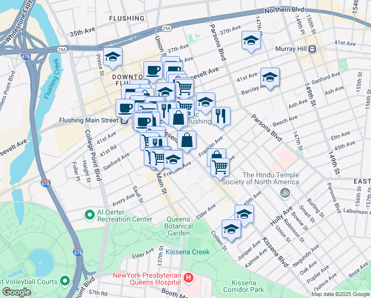 map of restaurants, bars, coffee shops, grocery stores, and more near Kissena Boulevard in Queens