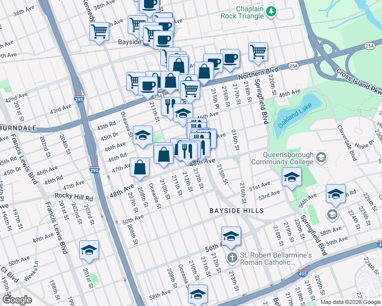 map of restaurants, bars, coffee shops, grocery stores, and more near 47-03 213th Street in Queens